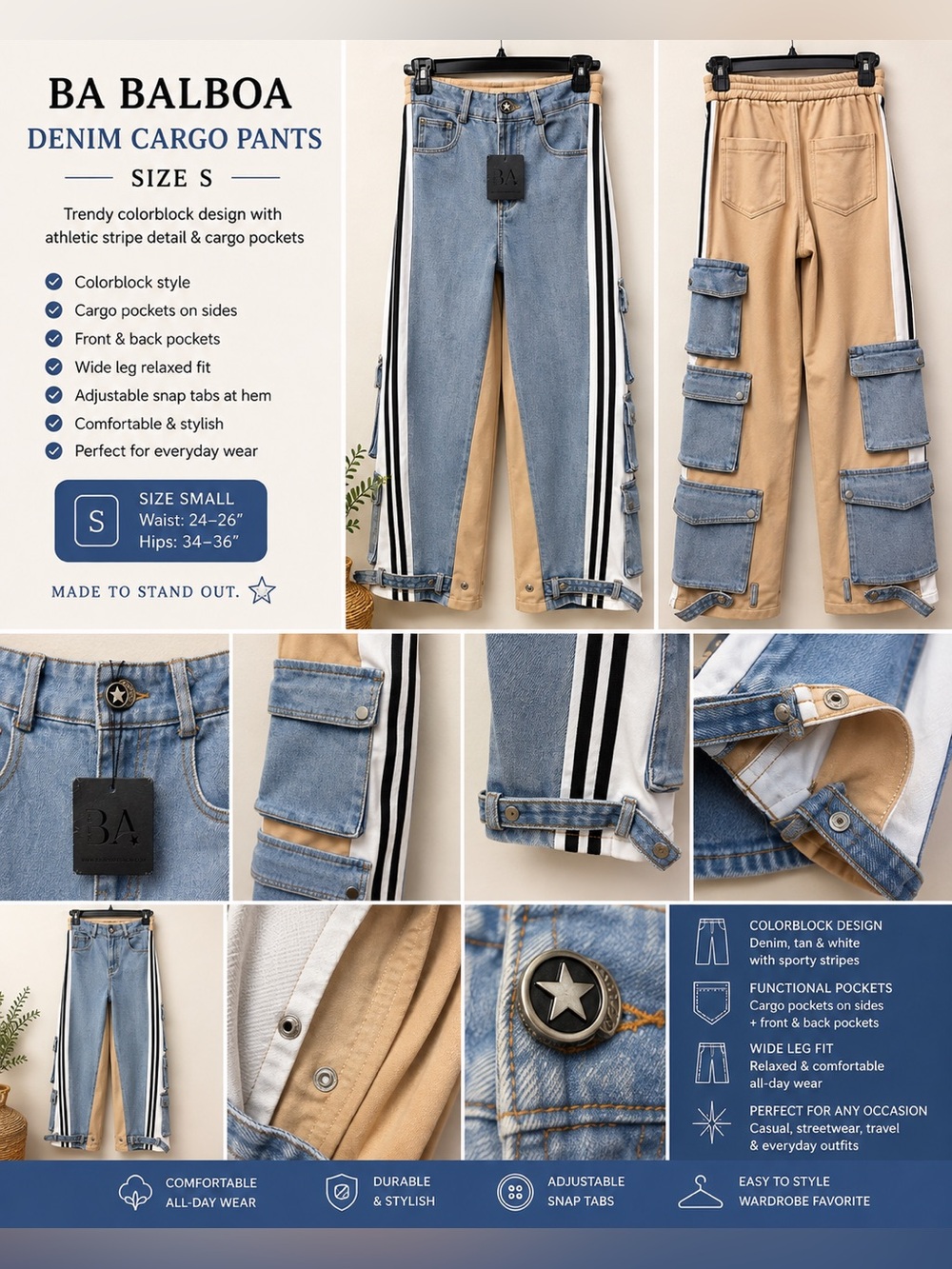 BA Balboa Colorblock Denim Cargo Pants Wide Leg Streetwear Size Small NWT